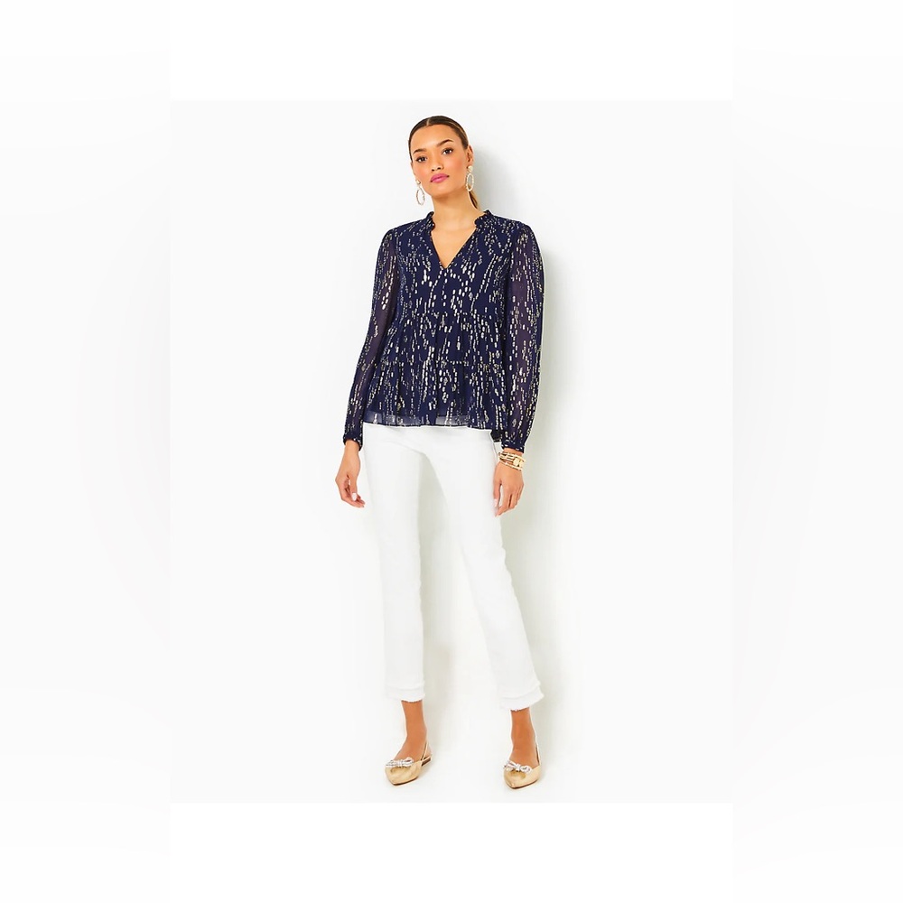 Lilly Pulitzer Sarita long sleeve silk top true navy fish clip chiffon